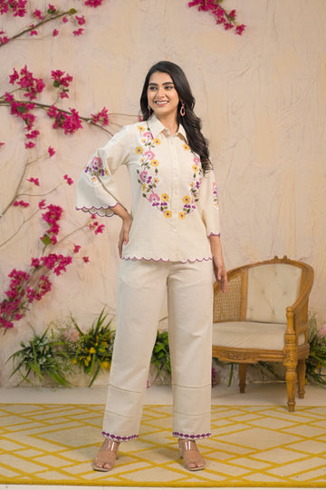 Off White Coord Set with Multicolor Floral Embroidery