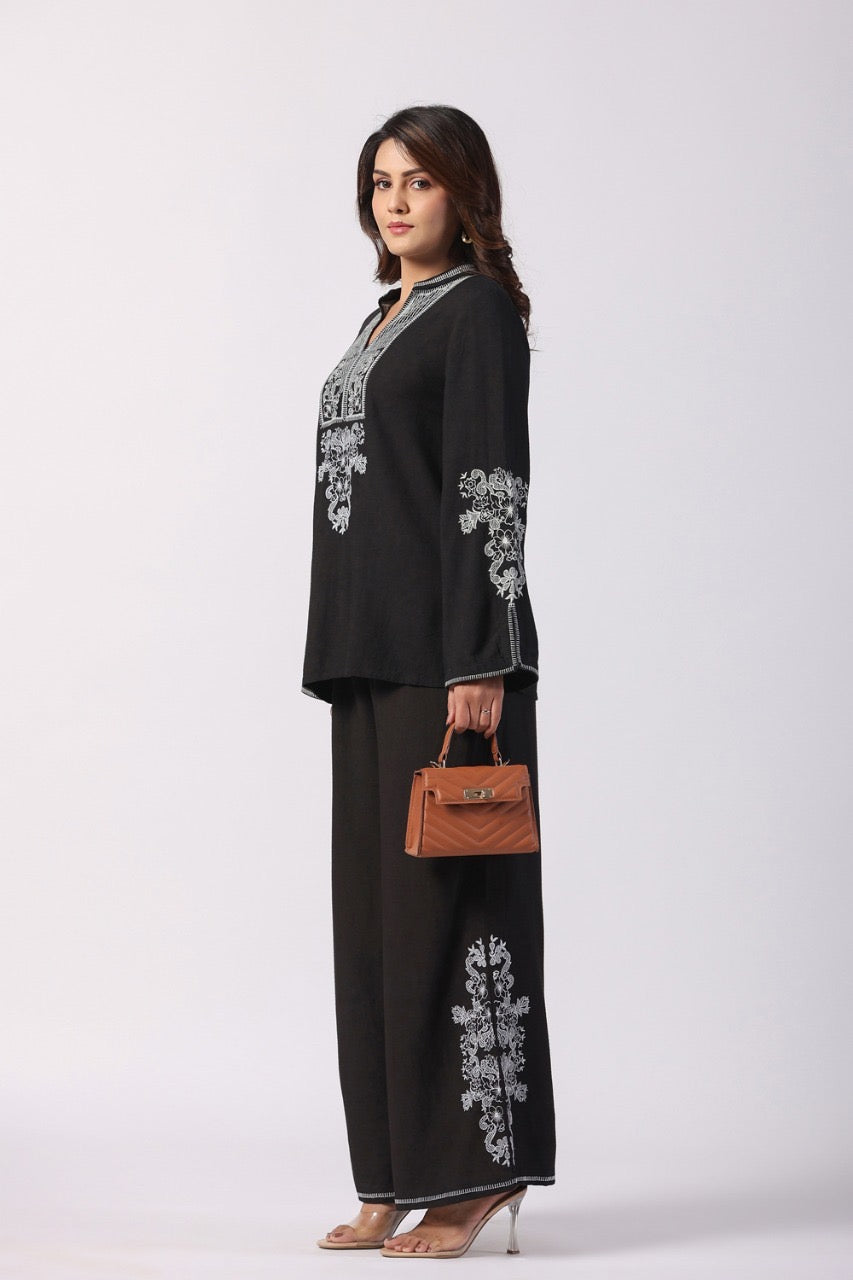 Flared Sleeves Black Embroidered Coord Set