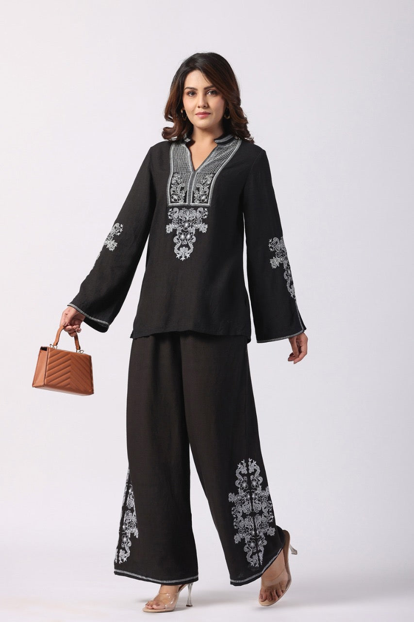 Flared Sleeves Black Embroidered Coord Set