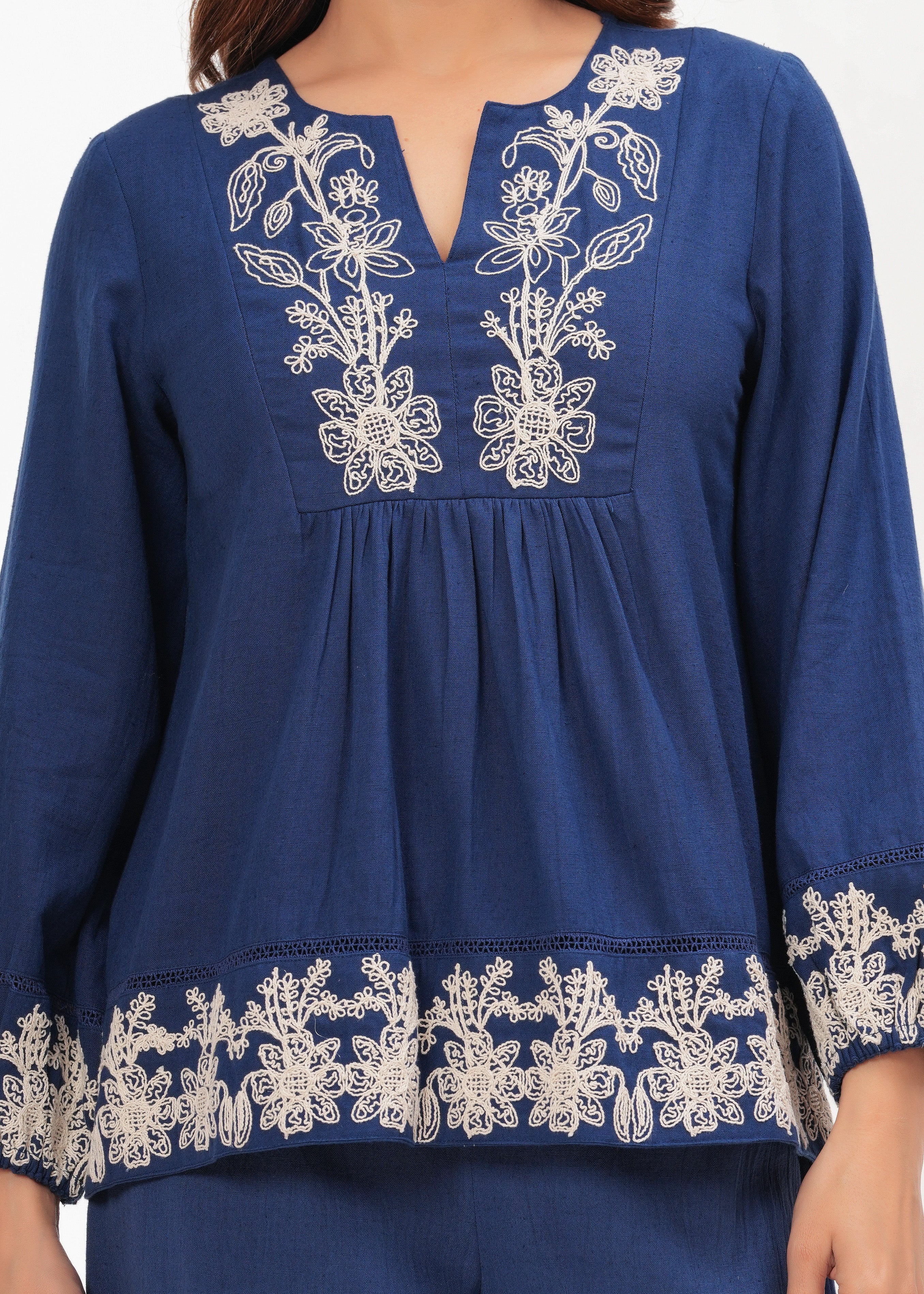 Navy Blue Coord Set with Intricate White Thread Embroidery