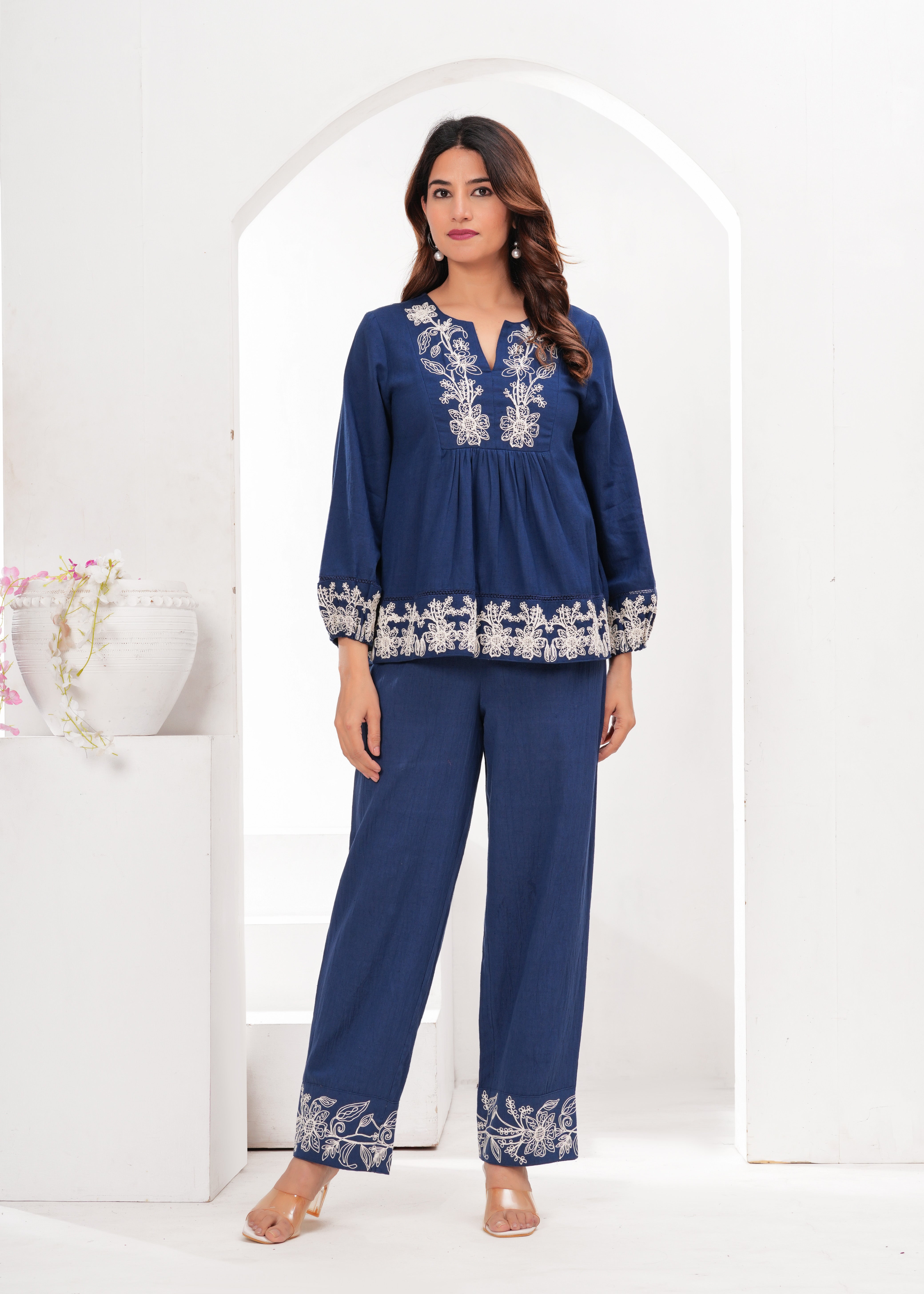 Navy Blue Coord Set with Intricate White Thread Embroidery