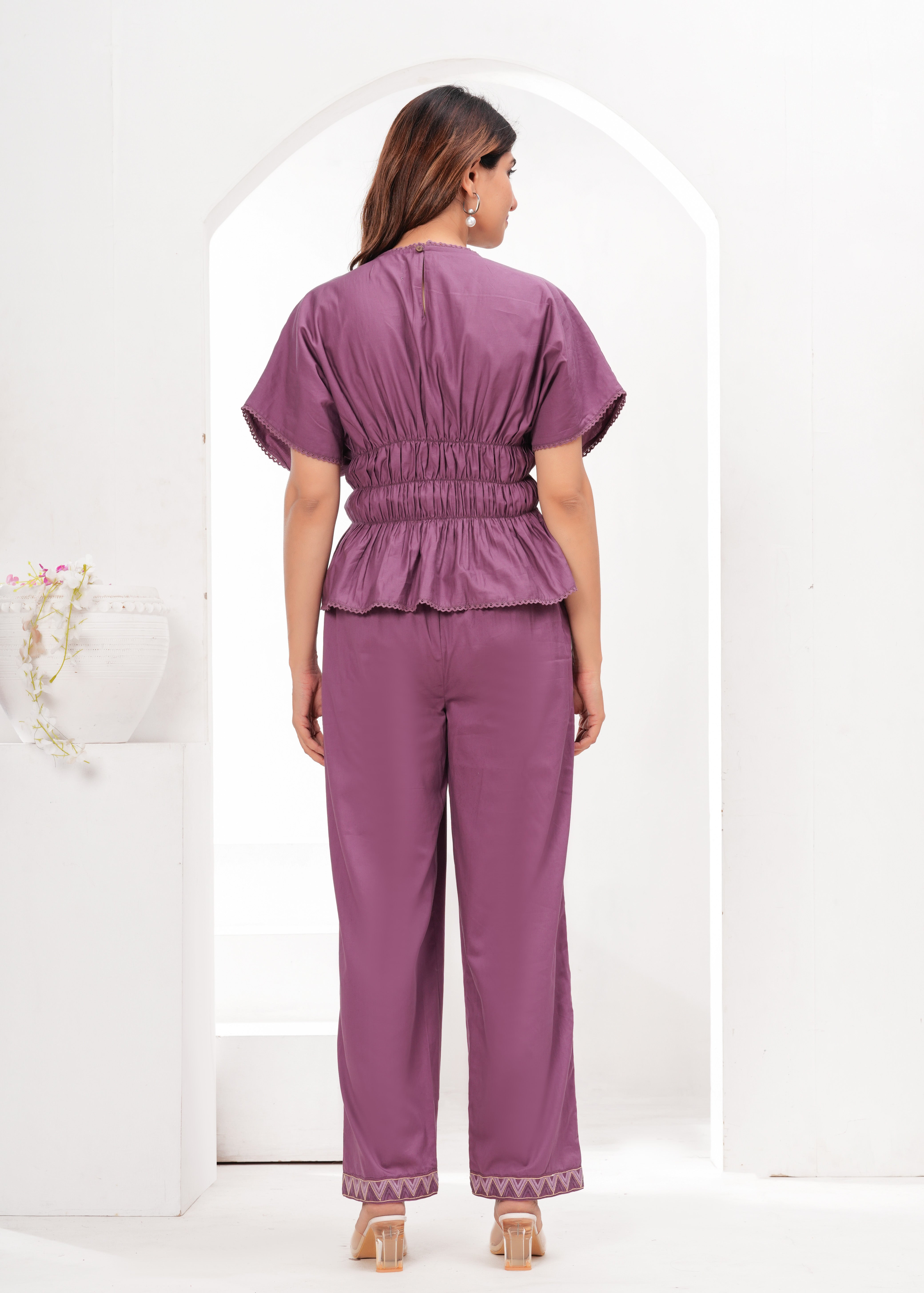 Mauve Coord Set with Statement Sleeves & Embroidery