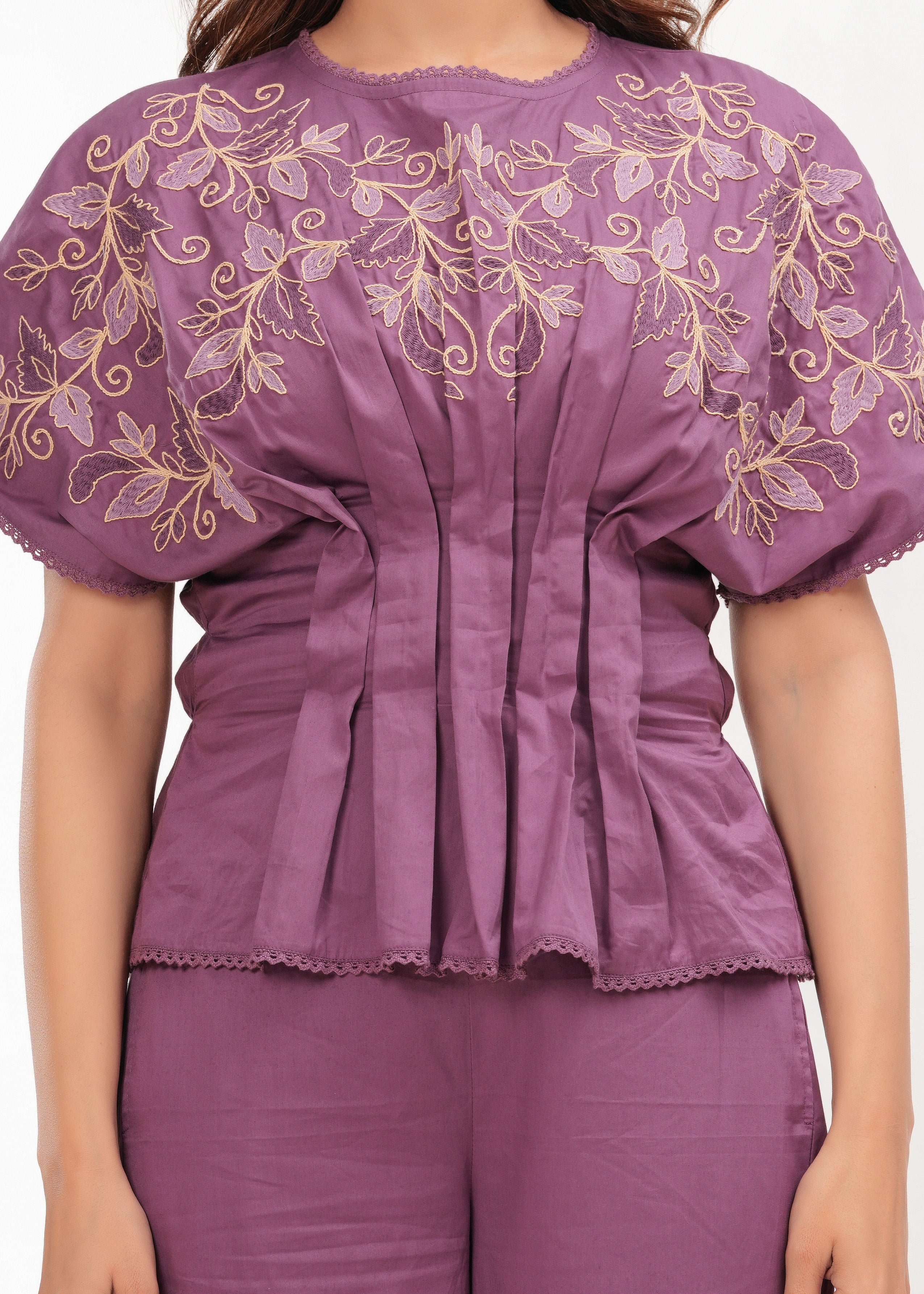 Mauve Coord Set with Statement Sleeves & Embroidery