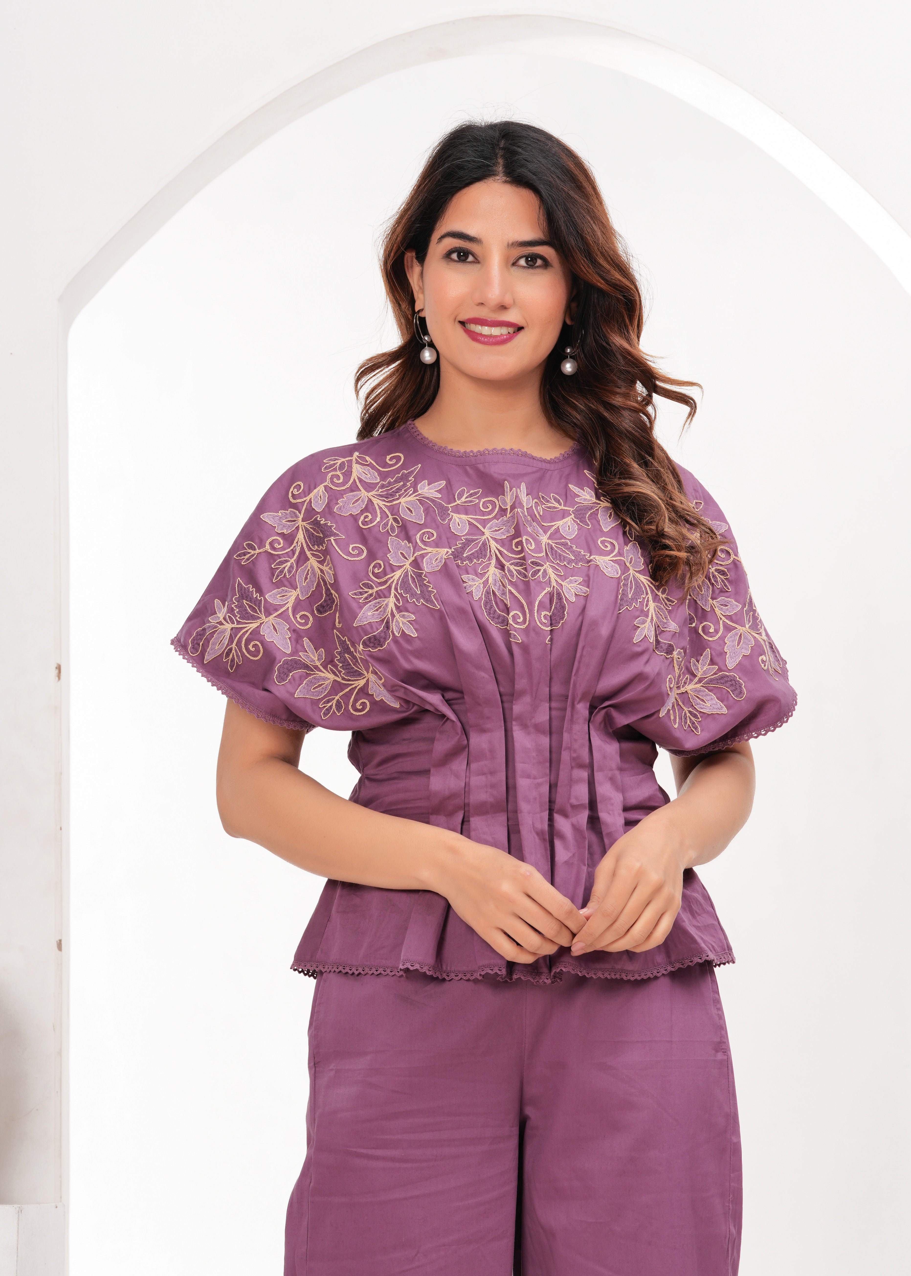 Mauve Coord Set with Statement Sleeves & Embroidery