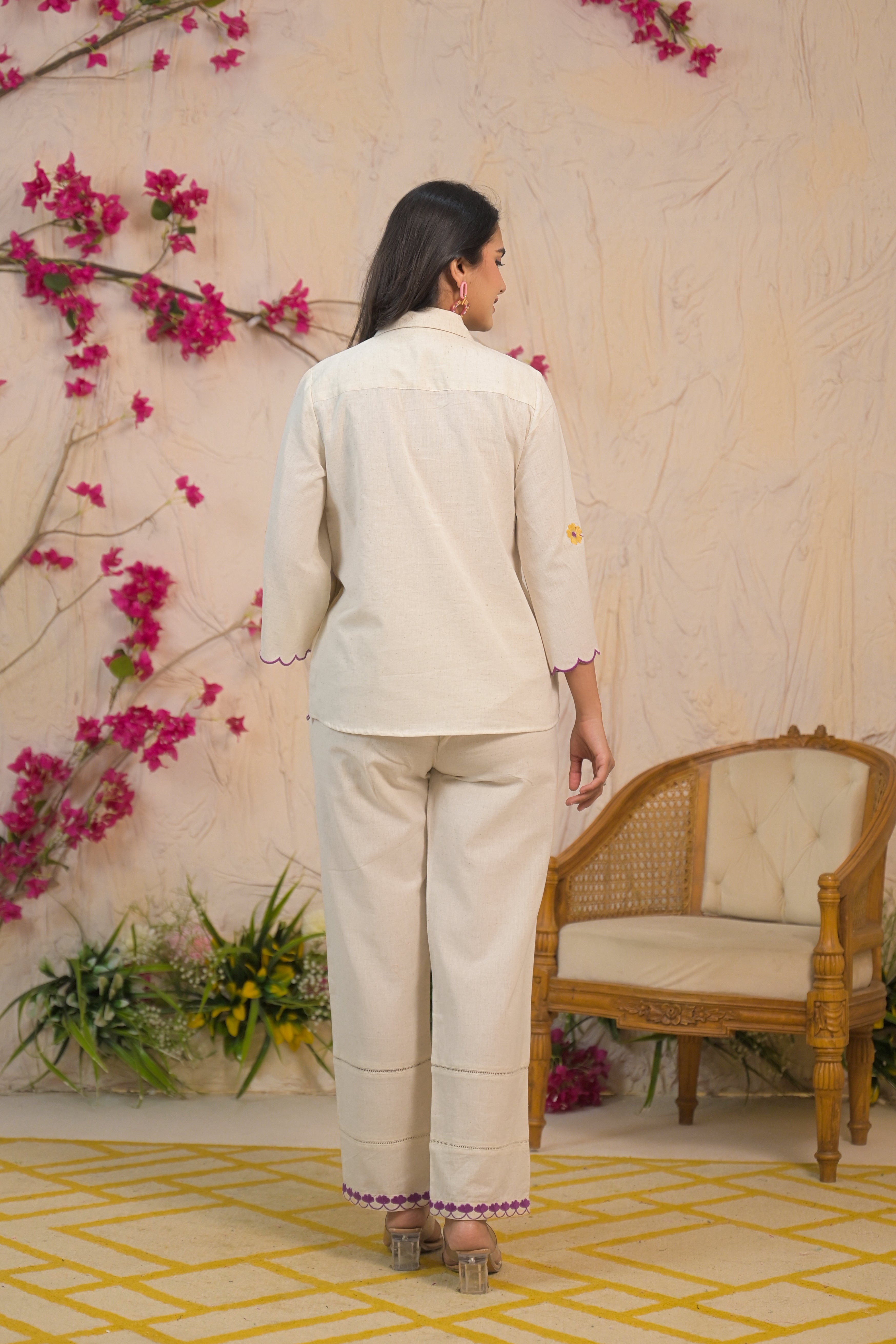 Off White Coord Set with Multicolor Floral Embroidery