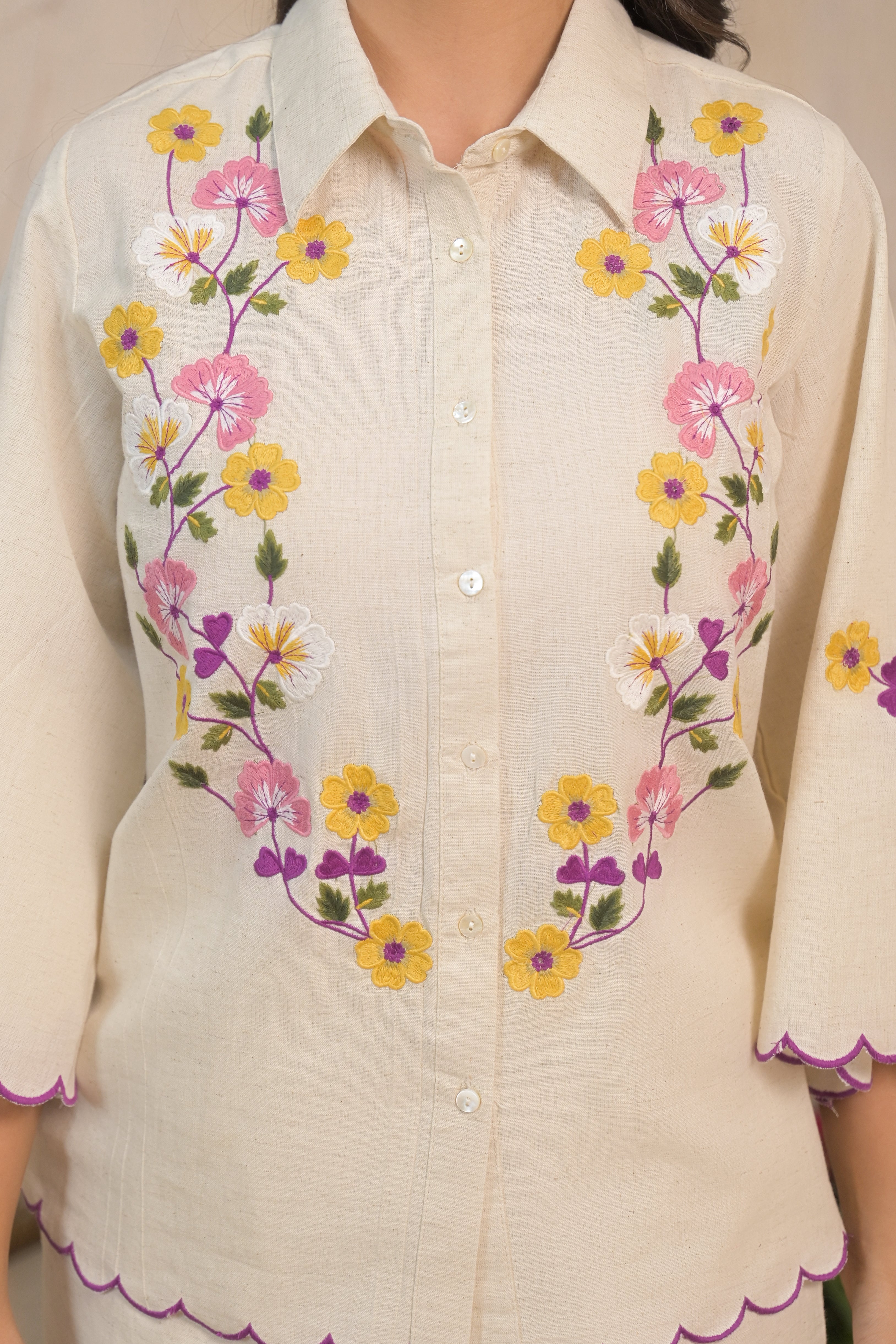Off White Coord Set with Multicolor Floral Embroidery