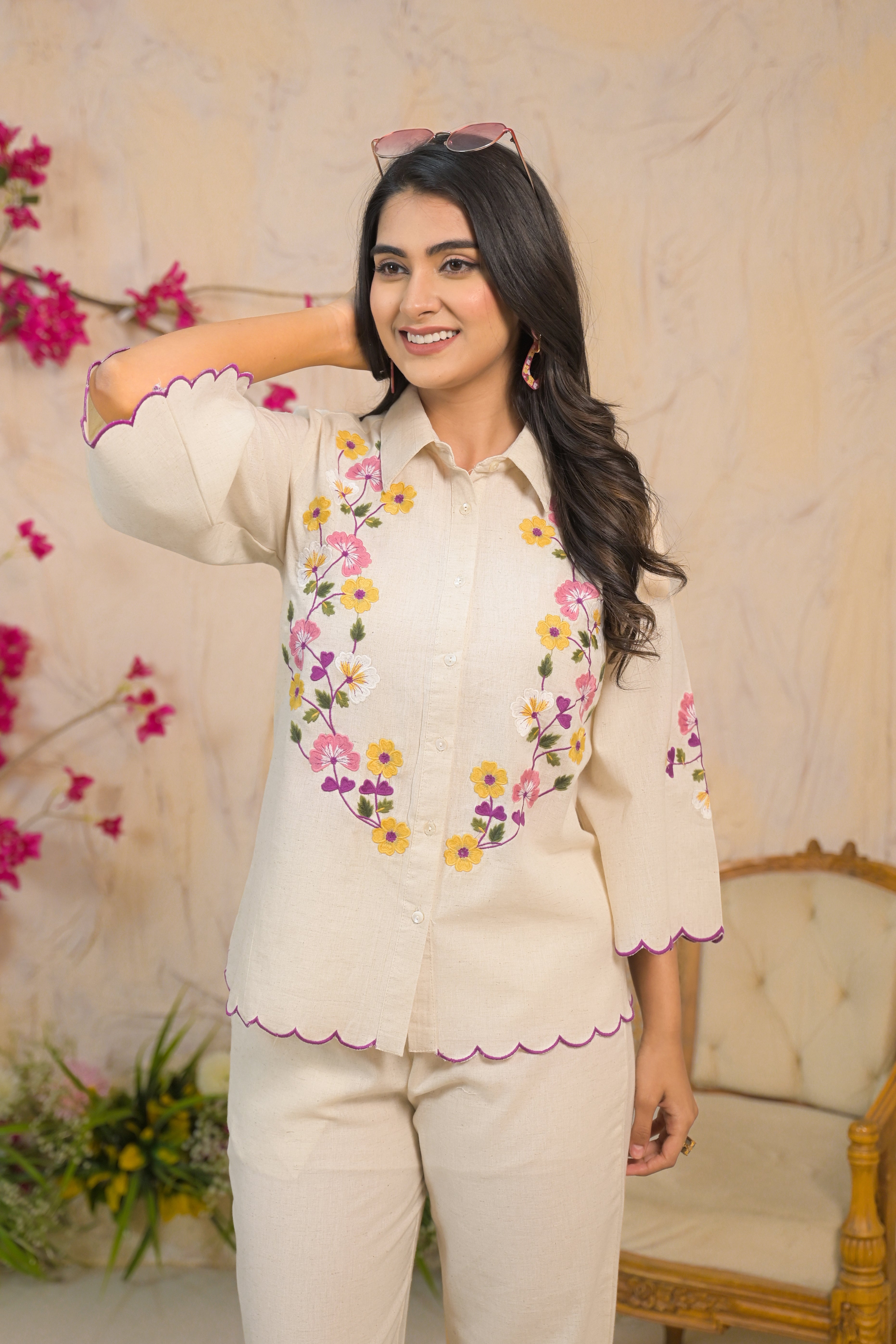 Off White Coord Set with Multicolor Floral Embroidery