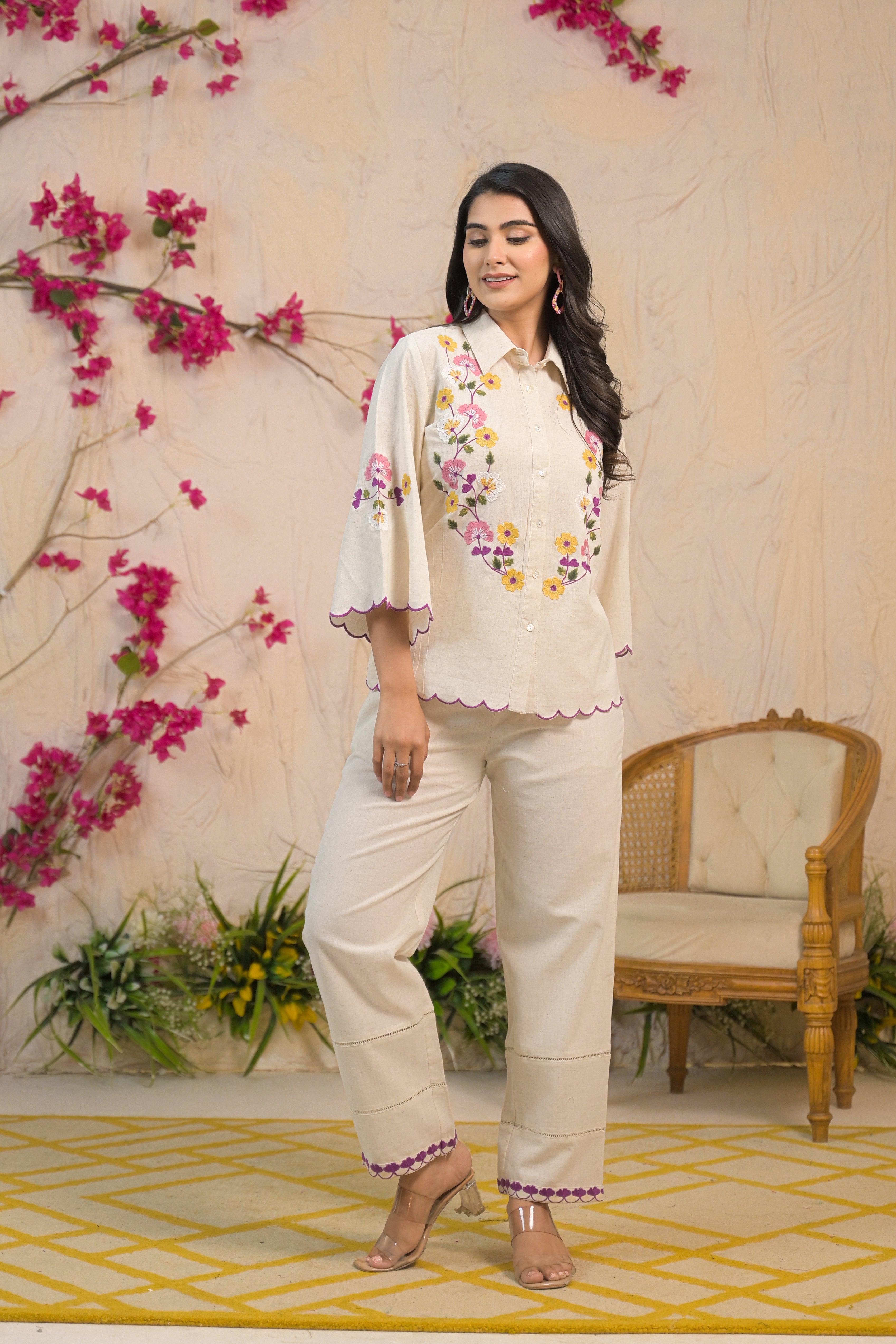 Off White Coord Set with Multicolor Floral Embroidery