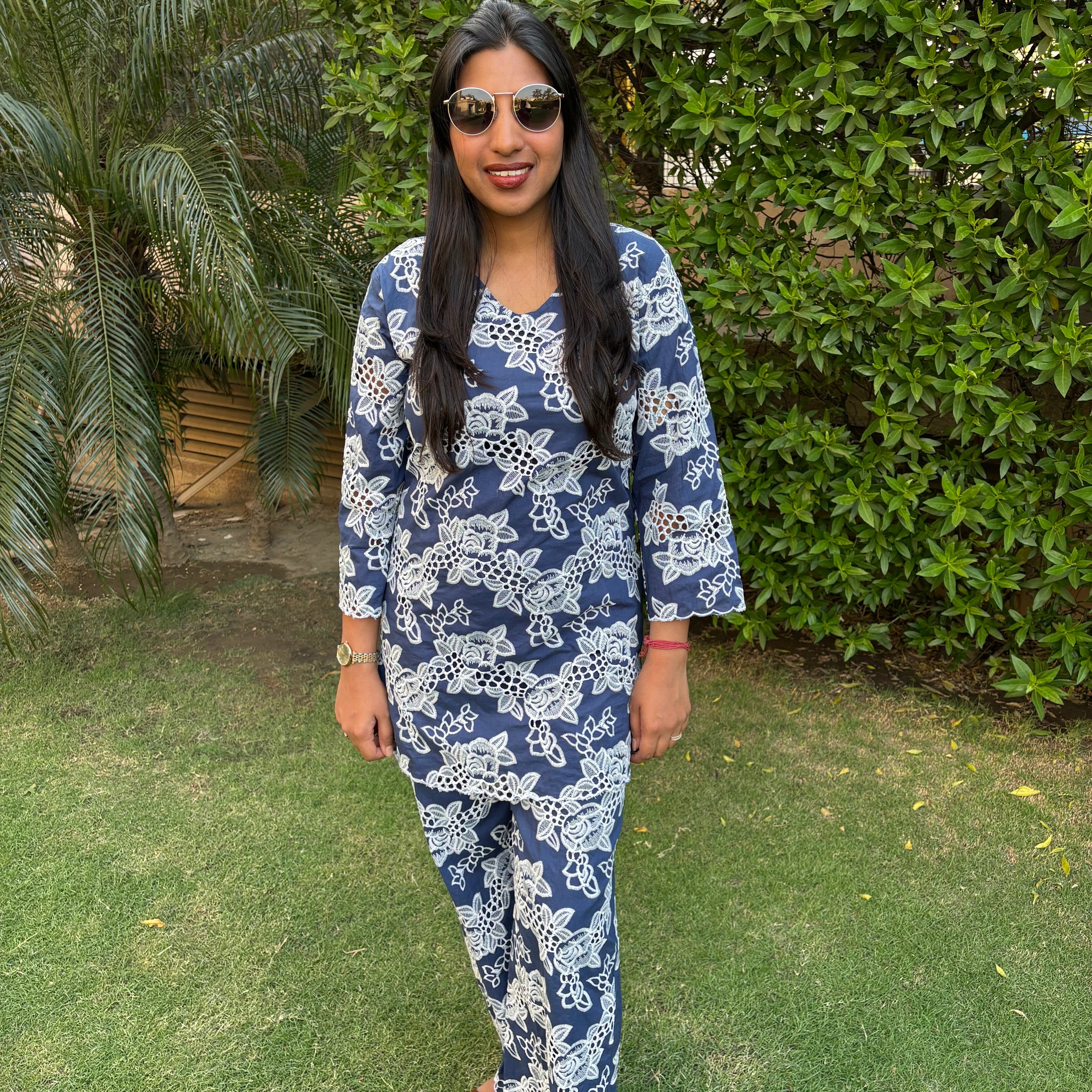 Navy Floral Embroidered Coord Set