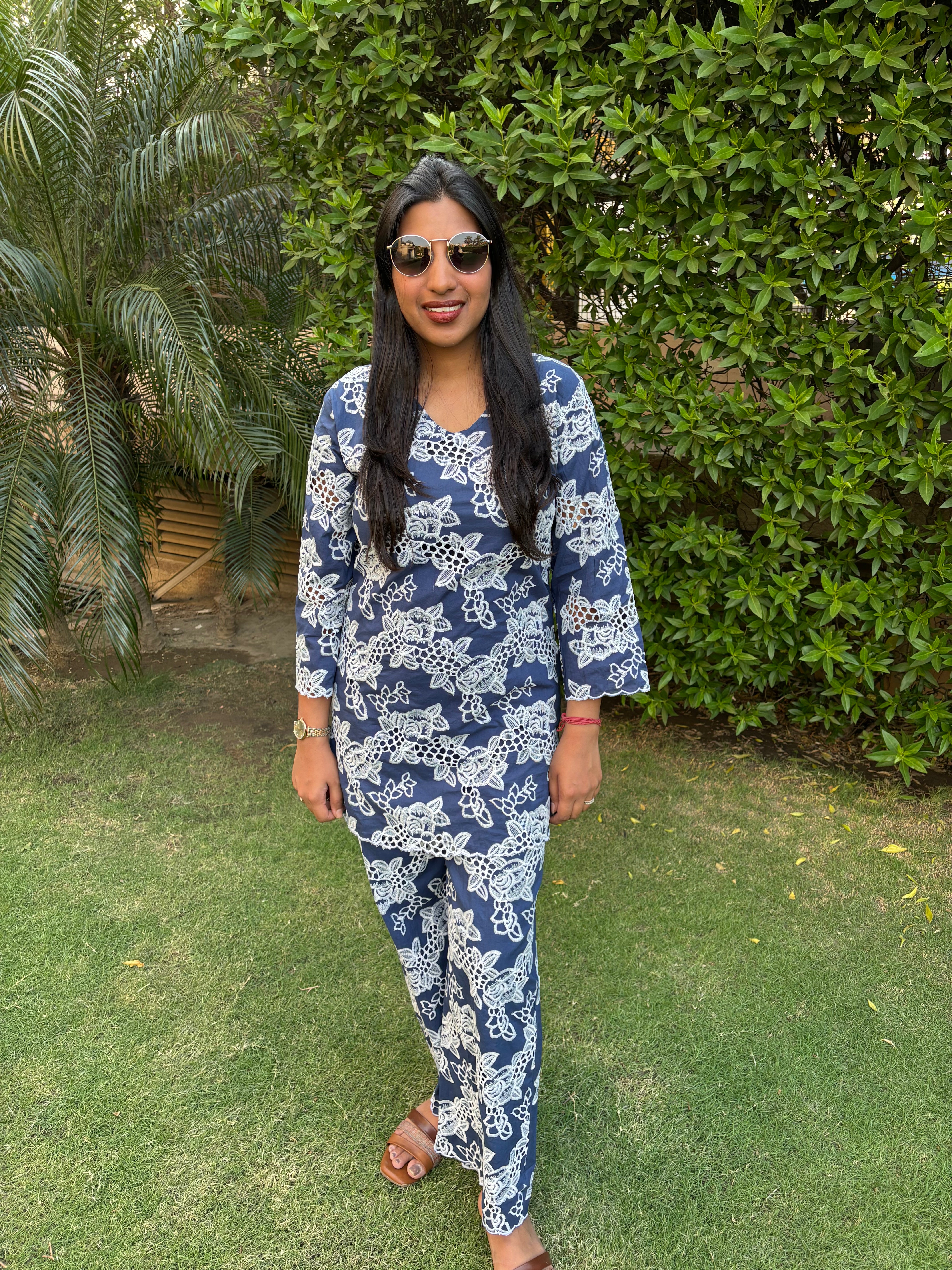 Navy Floral Embroidered Coord Set
