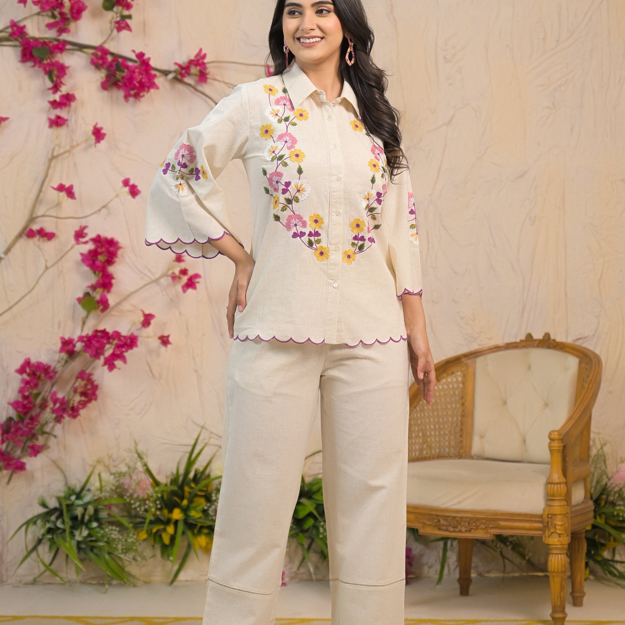 Off White Coord Set with Multicolor Floral Embroidery