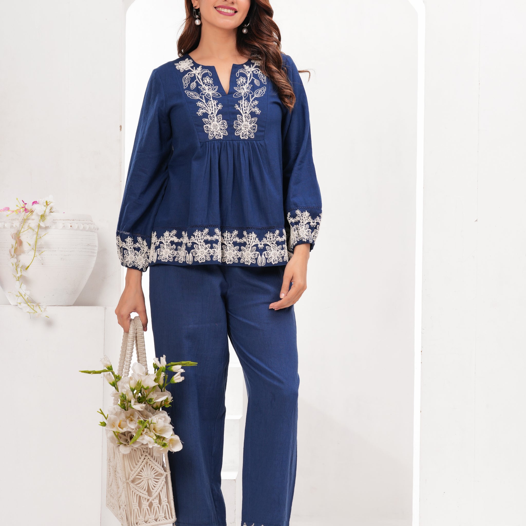 Navy Blue Coord Set with Intricate White Thread Embroidery