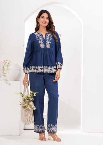 Navy Blue Coord Set with Intricate White Thread Embroidery