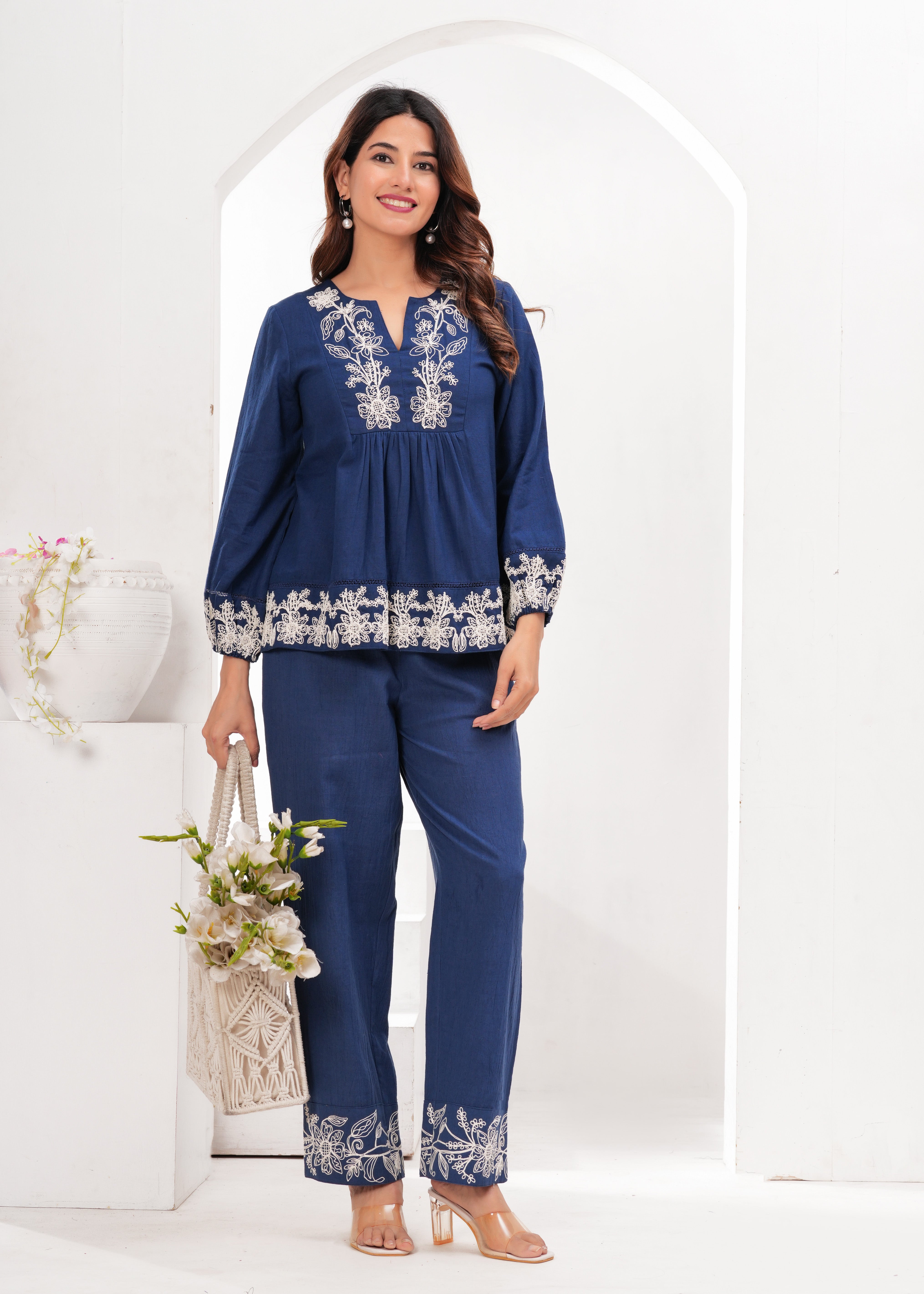 Navy Blue Coord Set with Intricate White Thread Embroidery