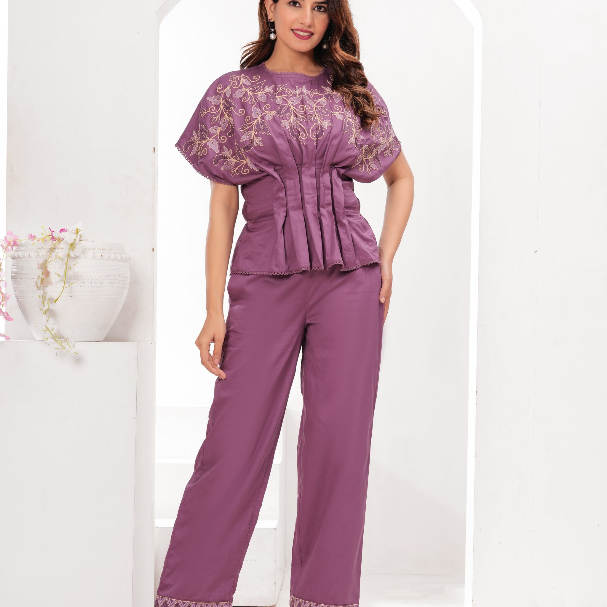 Mauve Coord Set with Statement Sleeves & Embroidery