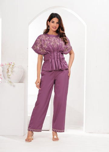Mauve Coord Set with Statement Sleeves & Embroidery