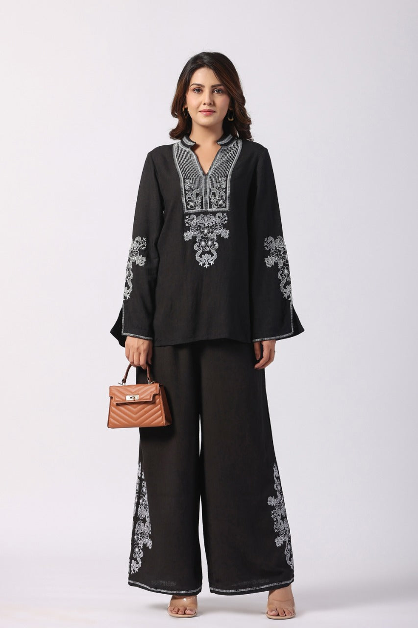 Flared Sleeves Black Embroidered Coord Set