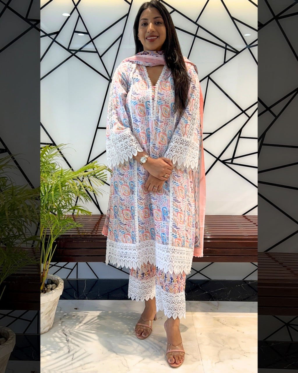 Soft Pastel Printed Suit Set with Lace Detailing