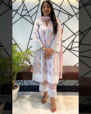 Soft Pastel Printed Suit Set with Lace Detailing