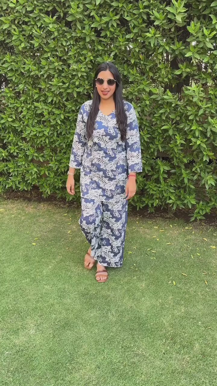Navy Floral Embroidered Coord Set