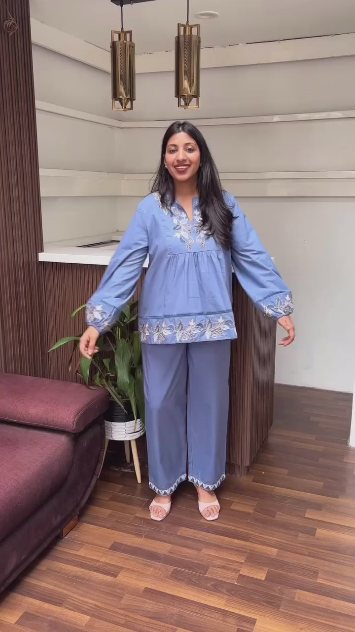 Blue Embroidered Coord Set